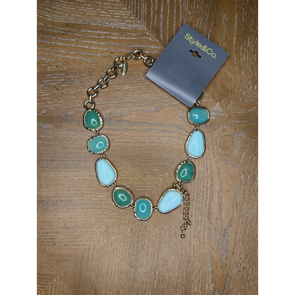 Style & Co Green Blue Stone Statement Necklace Gold Tone NEW